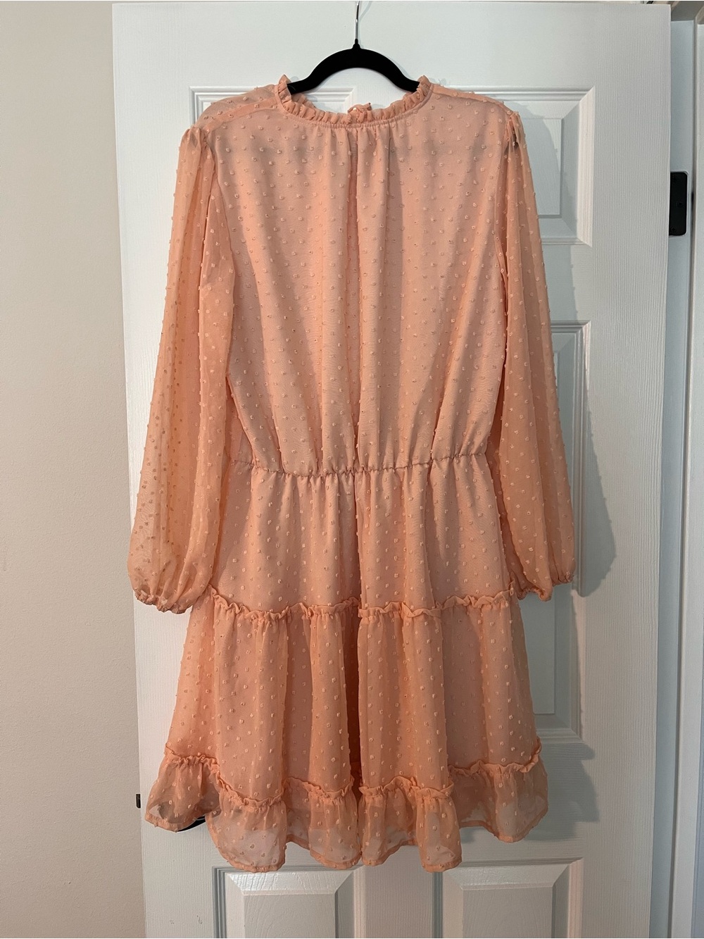 Peach Swiss Dot Tiered Long Sleeve Dress